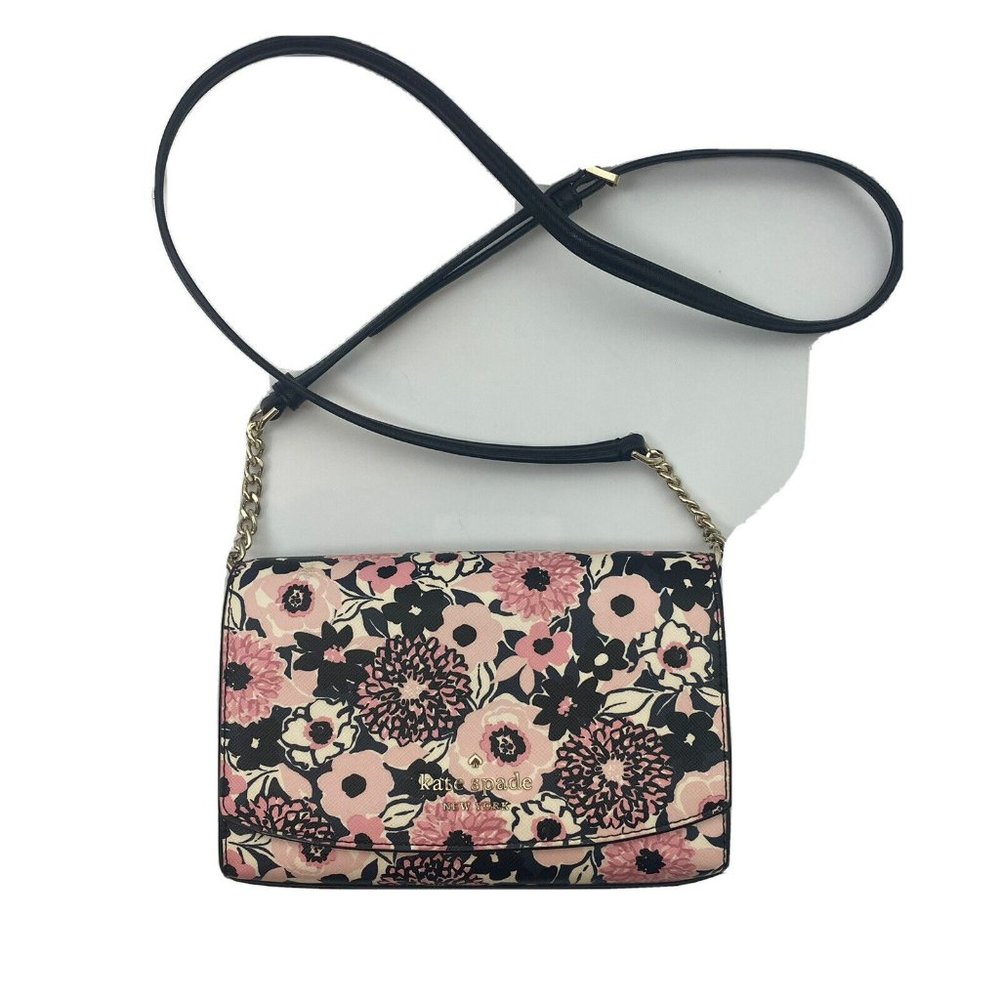 Kate Spade Womens Floral Crossbody Staci Dahlia Flap Handbag Pink Black Wallet